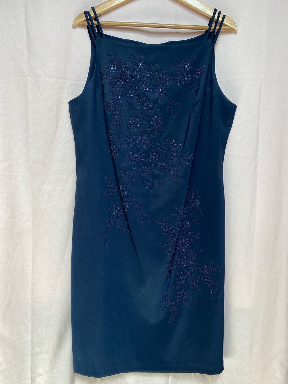 Vintage CDC Women's Navy Blue Floral Beaded Mini Dress Y2K Square Neck Size 14